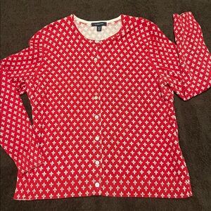 Lands’ End Red and White Patterned Cardigan Sweater women’s XL 18 20